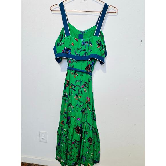 DEREK LAM Green Floral 100% Silk Ruffled Popover Cami Style Midi Dress Size 2 - Picture 7 of 15